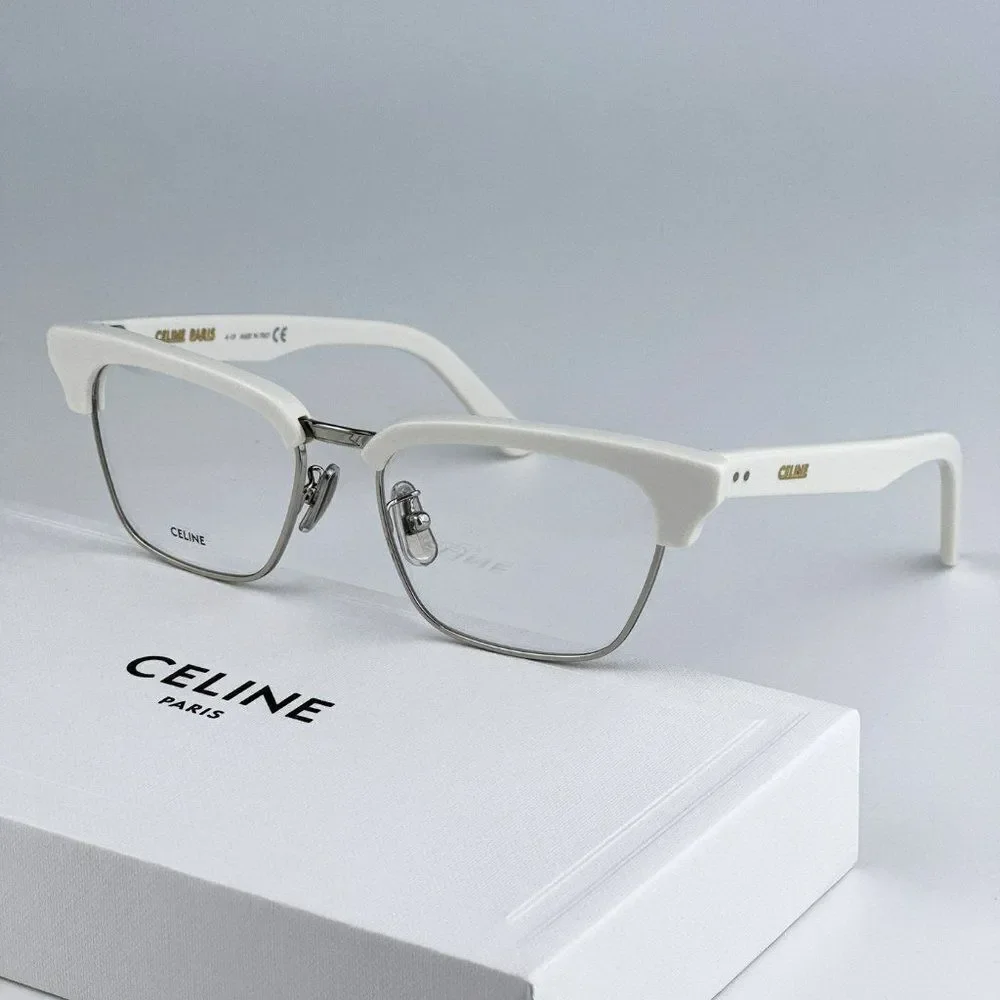 NEW Celine CL50026U 017 Matte Palladium White Geometric Women Eyeglasses